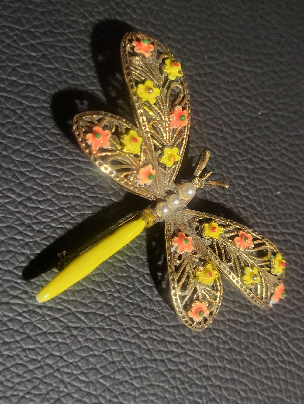 Vintage Signed ART Enamel Dragonfly Brooch Pin Faux Pearl Filigree Flower 1960s